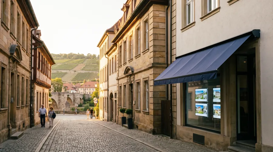 Maklerbüro mit digitalem Schaufenster in einer fränkischen Altstadt mit Weinbergen