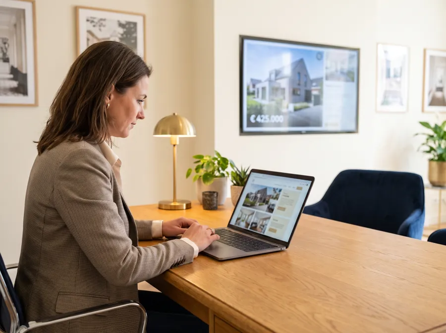 Maklerin pflegt Immobilien-Exposés für das Schaufenster-Display am Laptop