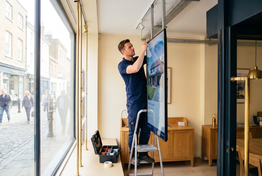 Montage eines Schaufenster-Displays in einem Maklerbüro