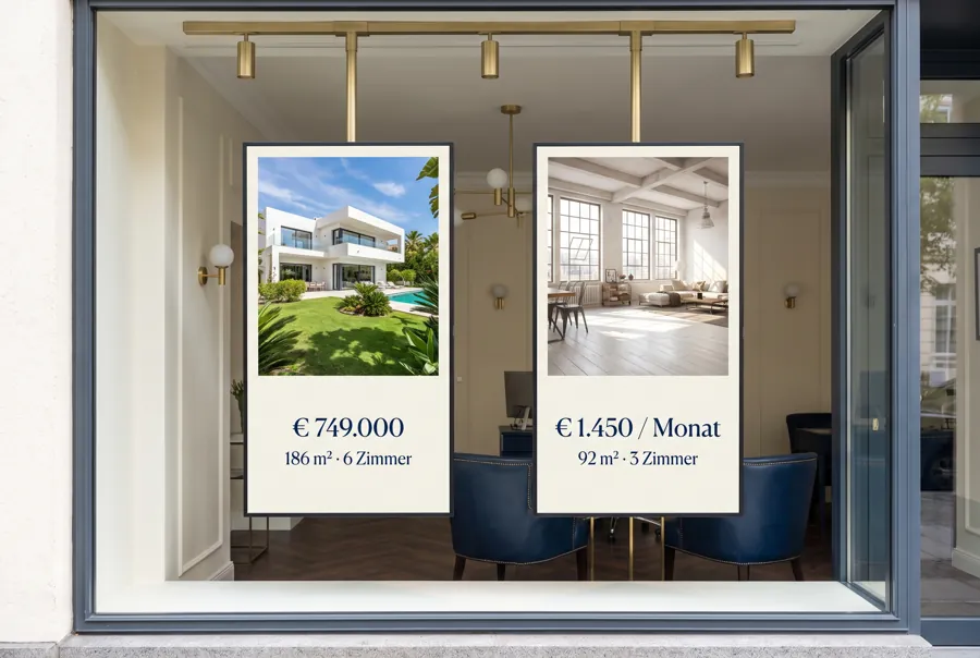 Zwei Schaufenster-Displays im Hochformat zeigen Immobilienangebote mit Preis