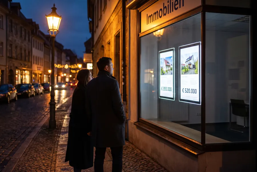 Beleuchtete Schaufenster-Displays eines Maklerbüros am Abend